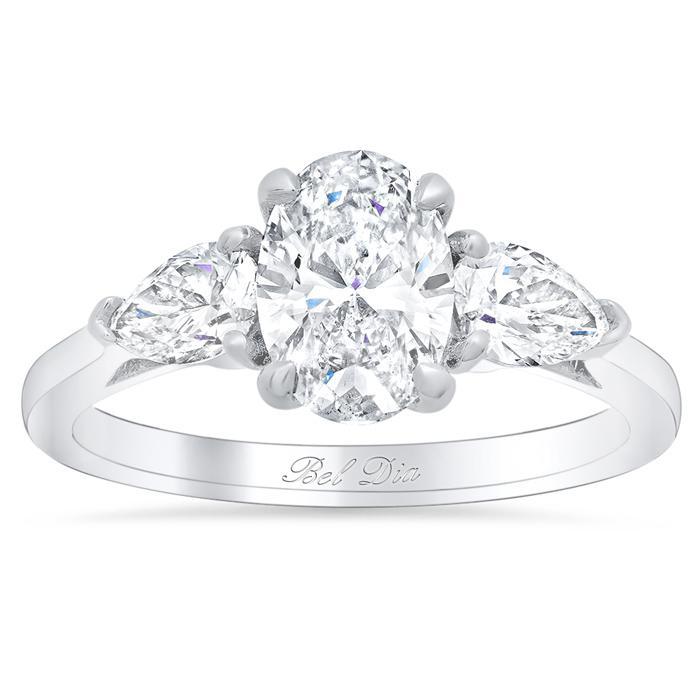 Oval Three Stone Ring with Pears Diamond Accented Engagement Rings deBebians 
