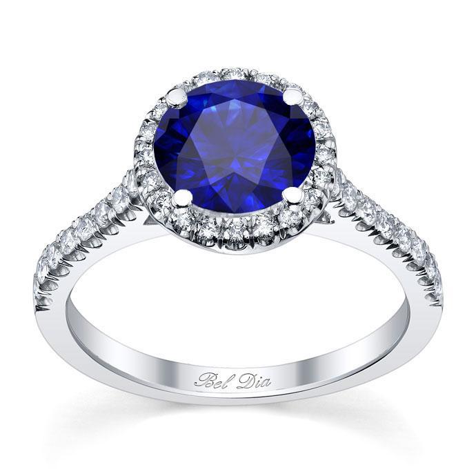 Pave Accented Blue Sapphire Halo Sapphire Engagement Rings deBebians 