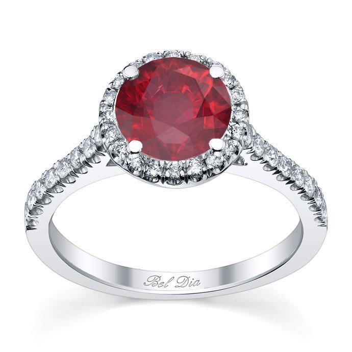 Pave Accented Ruby Halo Ruby Engagement Rings deBebians 