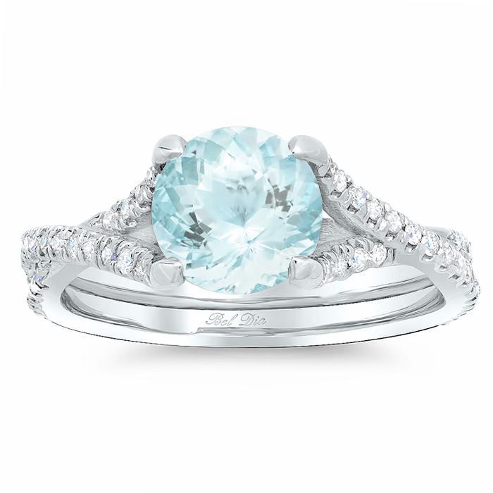 Pave Diamond Twisted Engagement Ring for Round Aquamarine Aquamarine Engagement Rings deBebians 