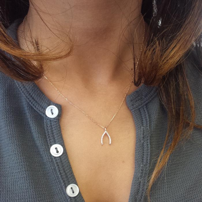 Pave Diamond Wish Bone Pendant Diamond Necklaces deBebians 