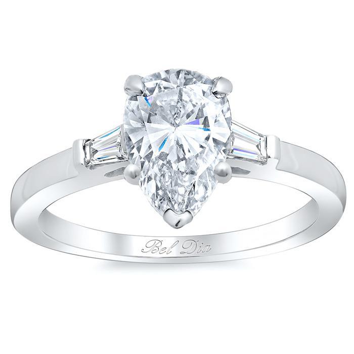 Pear Three Stone Engagement Ring with Baguettes Diamond Accented Engagement Rings deBebians 