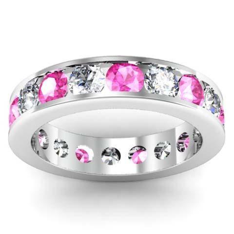 Pink Sapphire and Diamond Round Gemstone Eternity Band in Channel Setting Gemstone Eternity Rings deBebians 