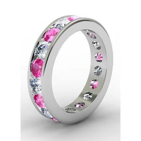 Pink Sapphire and Diamond Round Gemstone Eternity Band in Channel Setting Gemstone Eternity Rings deBebians 