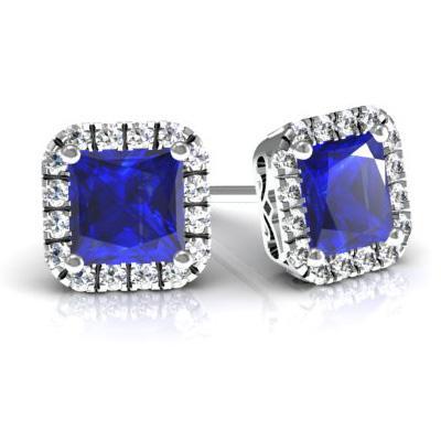Princess Halo Studs with Blue Sapphires Diamond Halo Earrings deBebians 