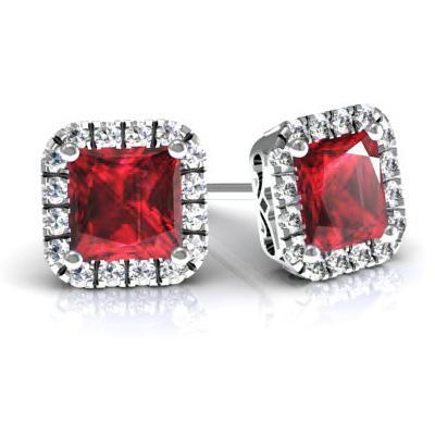 Princess Halo Studs with Rubies Diamond Halo Earrings deBebians 