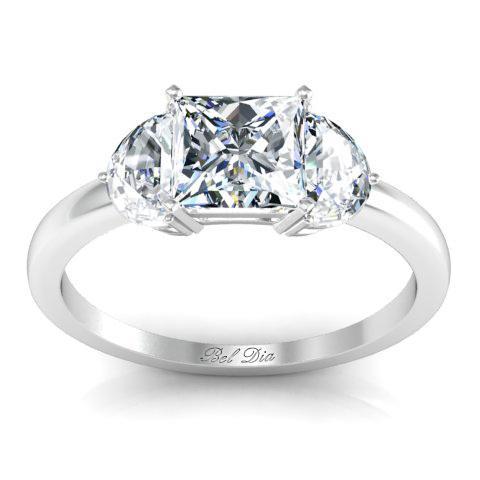 Princess Three Stone Ring with Half-Moons Diamond Accented Engagement Rings deBebians 