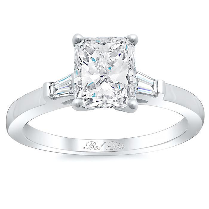 Radiant Three Stone Engagement Ring with Baguettes Diamond Accented Engagement Rings deBebians 