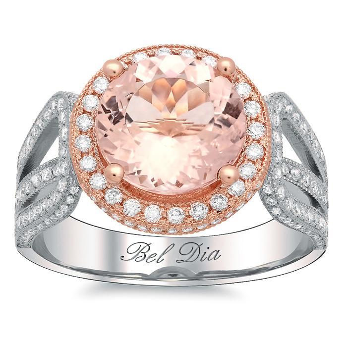 Rose Gold Round Halo Engagement Ring with Morganite Rose Gold & Morganite Engagement Rings deBebians 