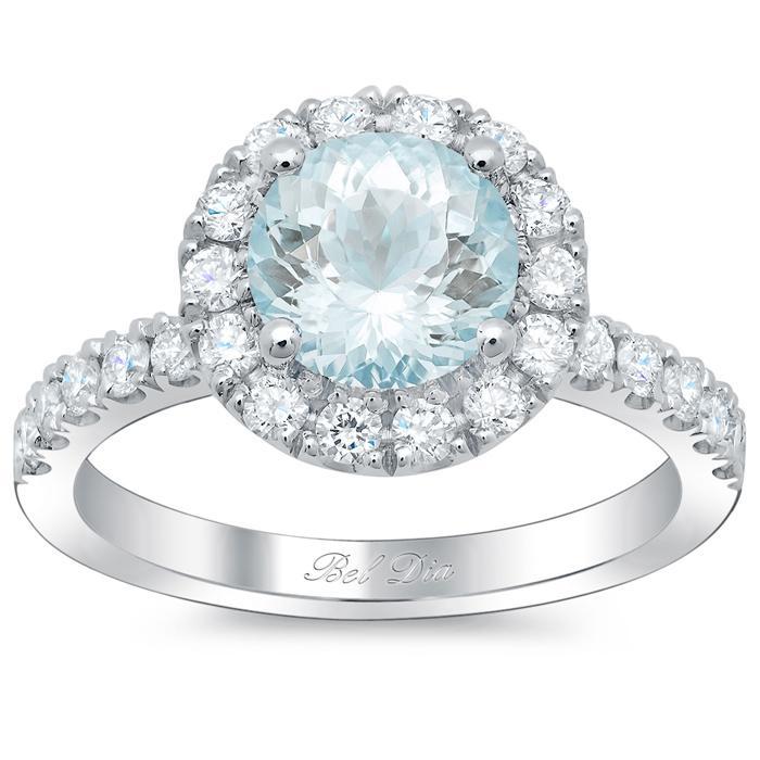 Round Aquamarine Halo Engagement Ring Aquamarine Engagement Rings deBebians 