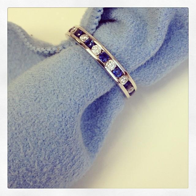 1.25cttw Channel Set Eternity Band with Round Sapphires and Diamonds Gemstone Eternity Rings deBebians 