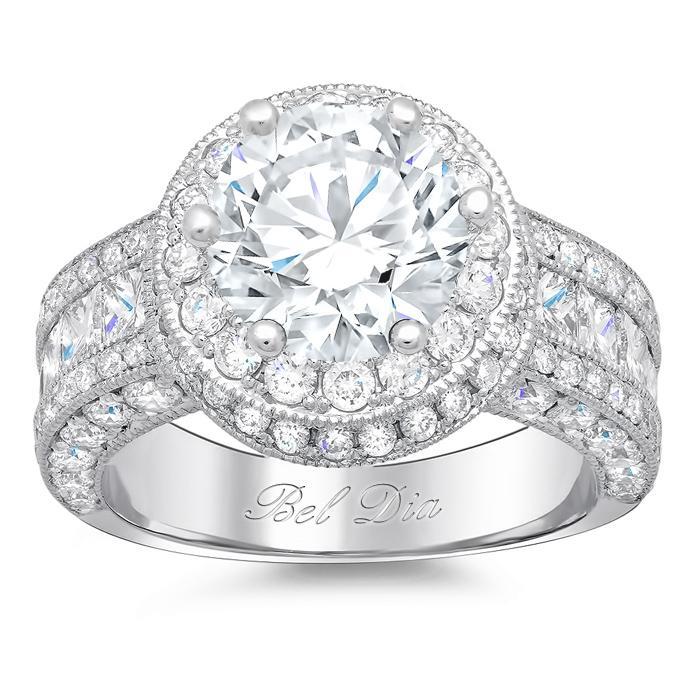 Round Diamond Halo Setting with Channel Set Princess Diamonds Halo Engagement Rings deBebians 