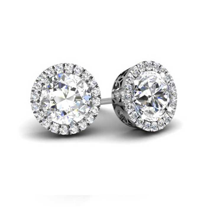 Round Forever One Moissanite Round Halo Earrings Moissanite Earrings deBebians 