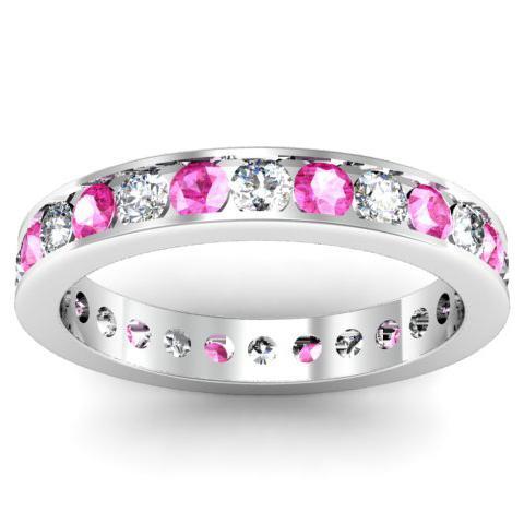 Round Pink Sapphire and Diamond Eternity Band in Channel Setting Gemstone Eternity Rings deBebians 