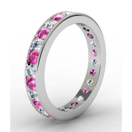 Round Pink Sapphire and Diamond Eternity Band in Channel Setting Gemstone Eternity Rings deBebians 