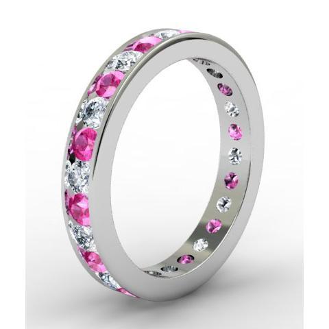 Round Pink Sapphire and Diamond Eternity Band in Channel Setting Gemstone Eternity Rings deBebians 