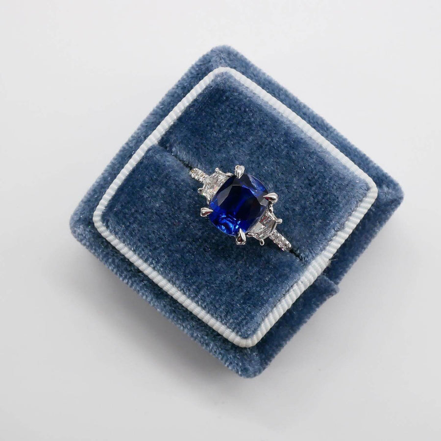 Cushion Blue Sapphire and Diamond Three Stone Ring Ready-To-Ship deBebians 