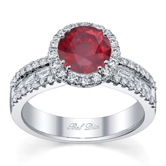 Ruby Round Halo Ring with Baguettes Ruby Engagement Rings deBebians 