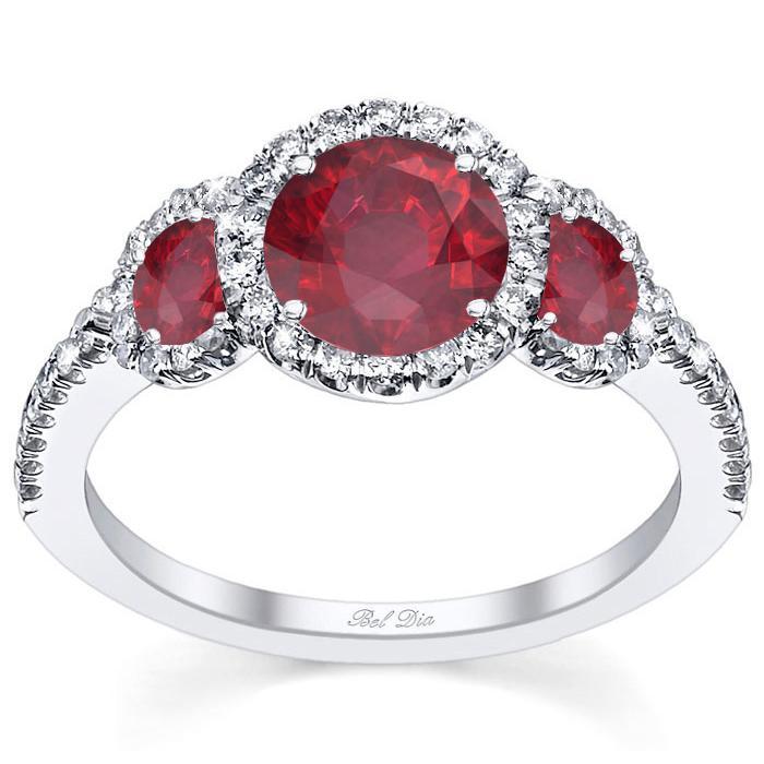 Ruby Three Stone Halo Engagement Ring Ruby Engagement Rings deBebians 