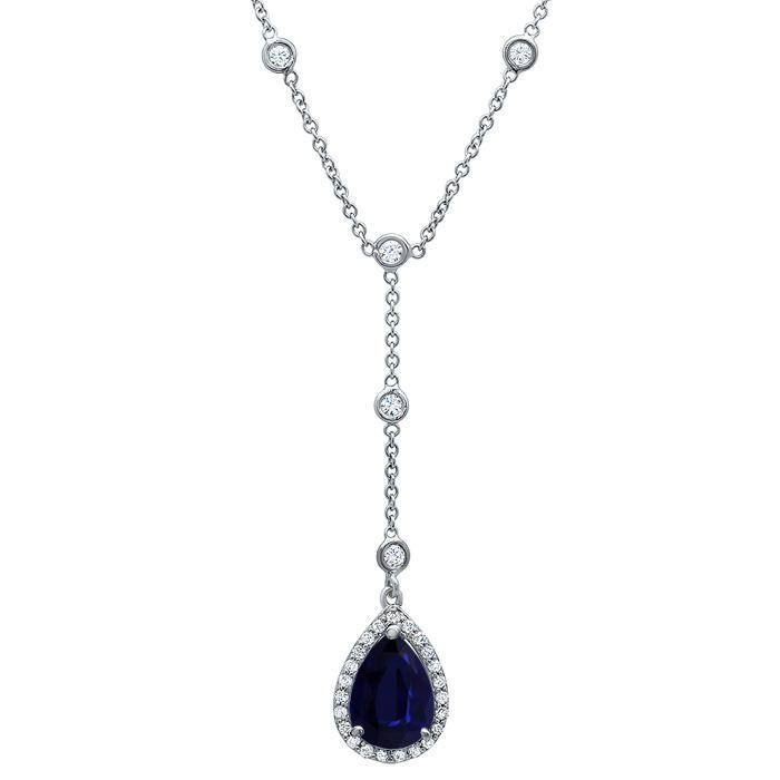 Sapphire Pear Diamond Halo Pendant Diamond Necklaces deBebians 
