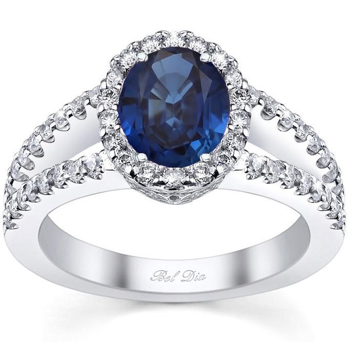 Split Shank Oval Blue Sapphire Halo Engagement Ring Sapphire Engagement Rings deBebians 