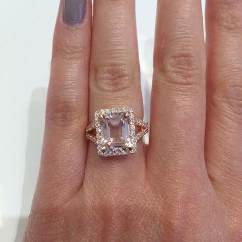 Split Shank Pave Diamond Morganite Halo Engagement Ring Rose Gold & Morganite Engagement Rings deBebians 