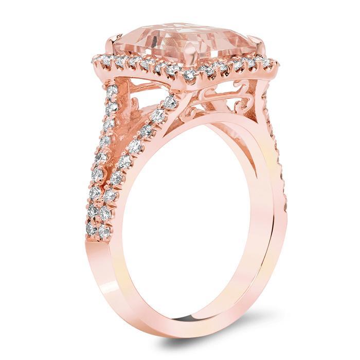 Split Shank Pave Diamond Morganite Halo Engagement Ring Rose Gold & Morganite Engagement Rings deBebians 