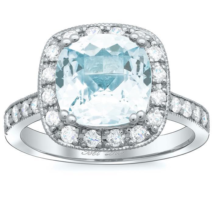 Square Pave Diamond Halo Engagement Ring for Aquamarine Aquamarine Engagement Rings deBebians 