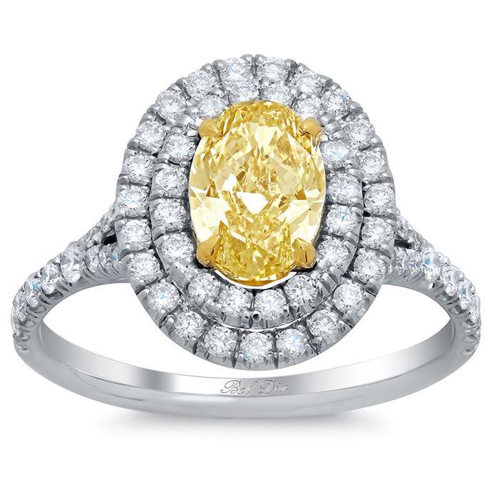 Yellow Diamond Oval Baby Split Double Halo Engagement Ring Yellow Diamond Engagement Rings deBebians 
